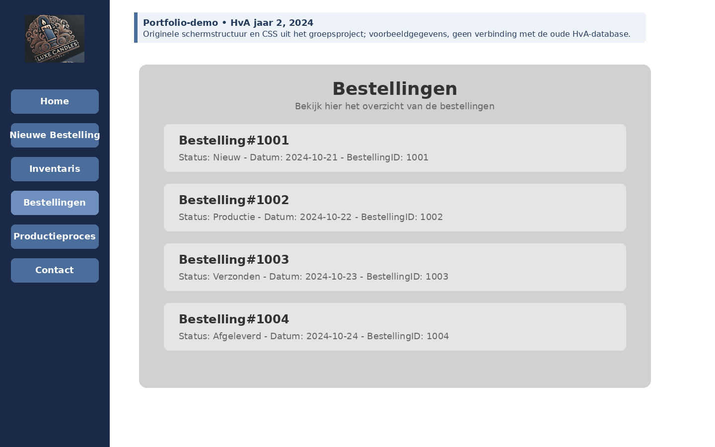 Screenshot van Luxe Candles — Digitalisering van voorraad- en productiebeheer